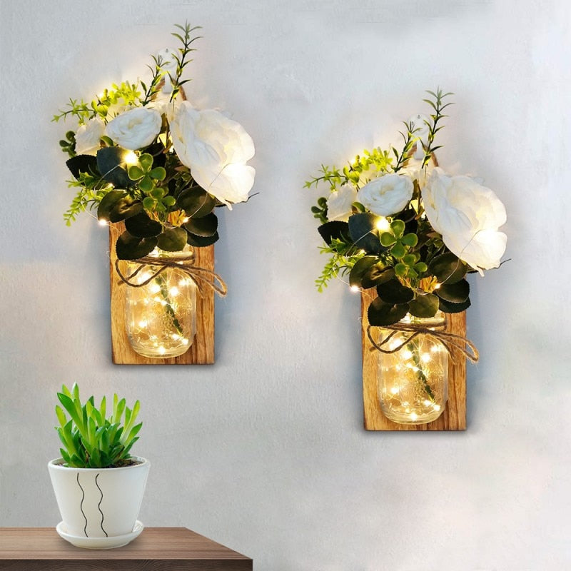 Rustic Wall Sconces Mason Jar Handmade Wall Art with a Set of 2 Remote Control LED Fairy Lights and White Peony Flowers