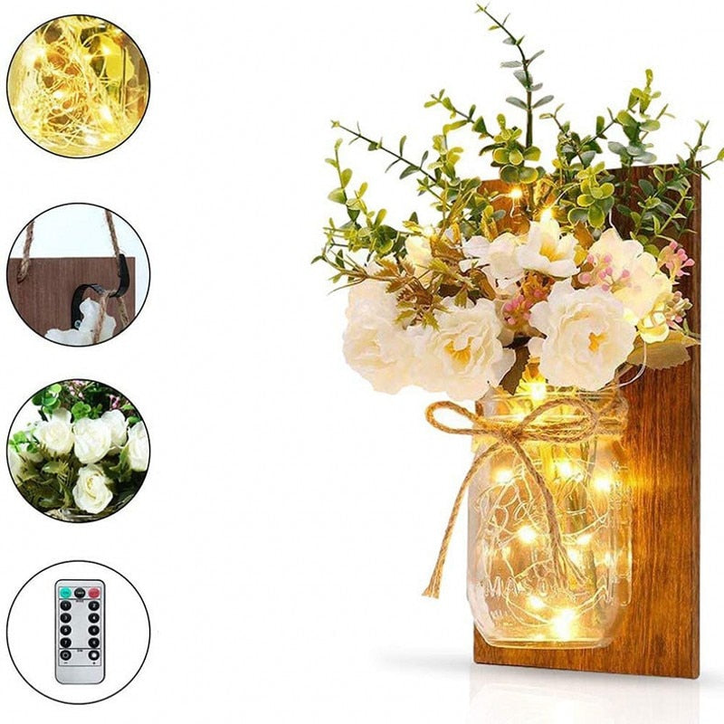 Rustic Wall Sconces Mason Jar Handmade Wall Art with a Set of 2 Remote Control LED Fairy Lights and White Peony Flowers